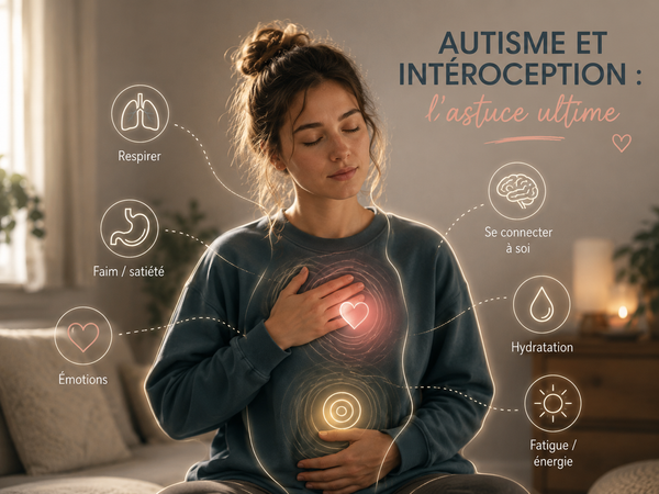 Illustration de l'intéroception chez une personne autiste apprenant à reconnaître la faim, les émotions, la fatigue et les sensations corporelles.