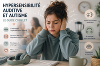 Jeune femme autiste souffrant d'hypersensibilité auditive, se protégeant les oreilles face aux bruits du quotidien.