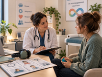 Femme autiste adulte en consultation avec une médecin attentive, dans un cabinet médical proposant des outils de communication et des adaptations sensorielles.