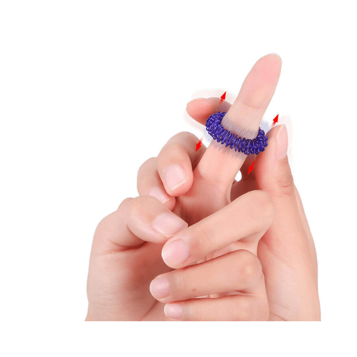 Bague hérissée sensorielle bleue glissée sur le doigt, montrant son action de massage