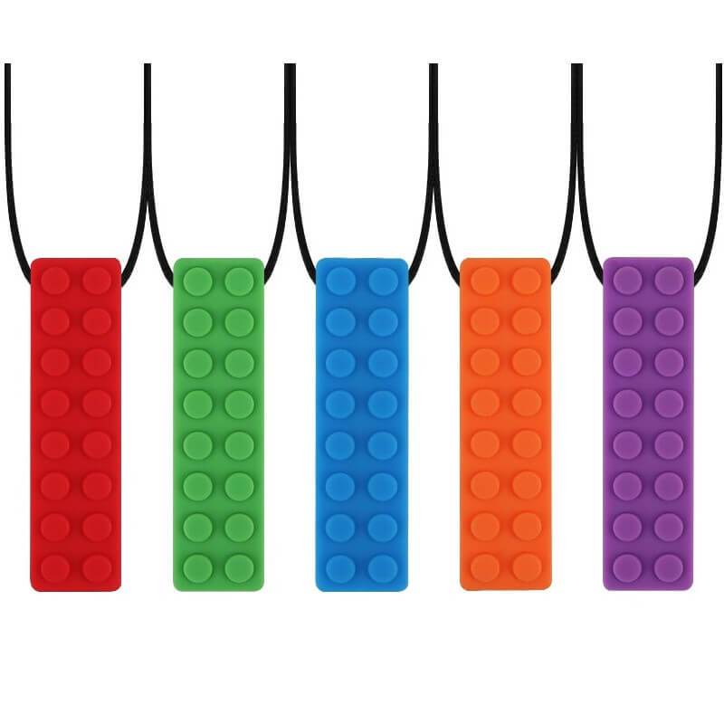 Collier à mâcher brique en silicone alimentaire avec cordon à clip de sécurité
