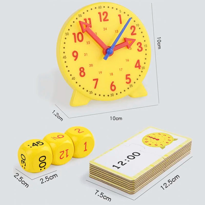 Contenu du jeu horloge éducative Montessori : horloge à aiguilles ajustables, cartes recto-verso et dés