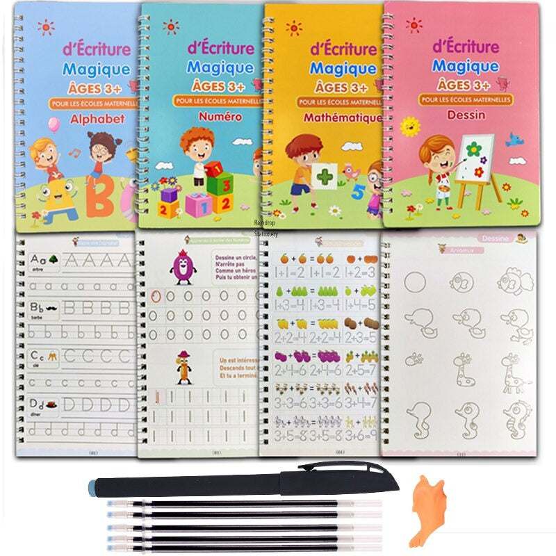 Lot de 4 cahiers d'écriture Montessori effaçables avec stylo à encre magique