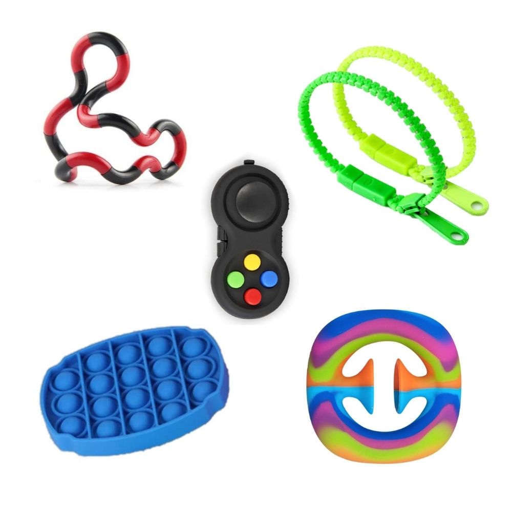 Méga pack stim toys avec bracelets à tirette, tortillon, manette, bulle à presser et fidget hand strength