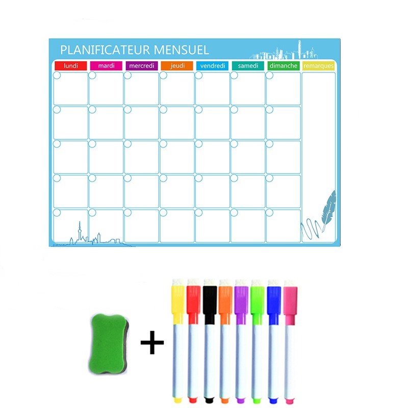 Planificateur mensuel magnétique effaçable avec ses feutres de couleur et son effaceur