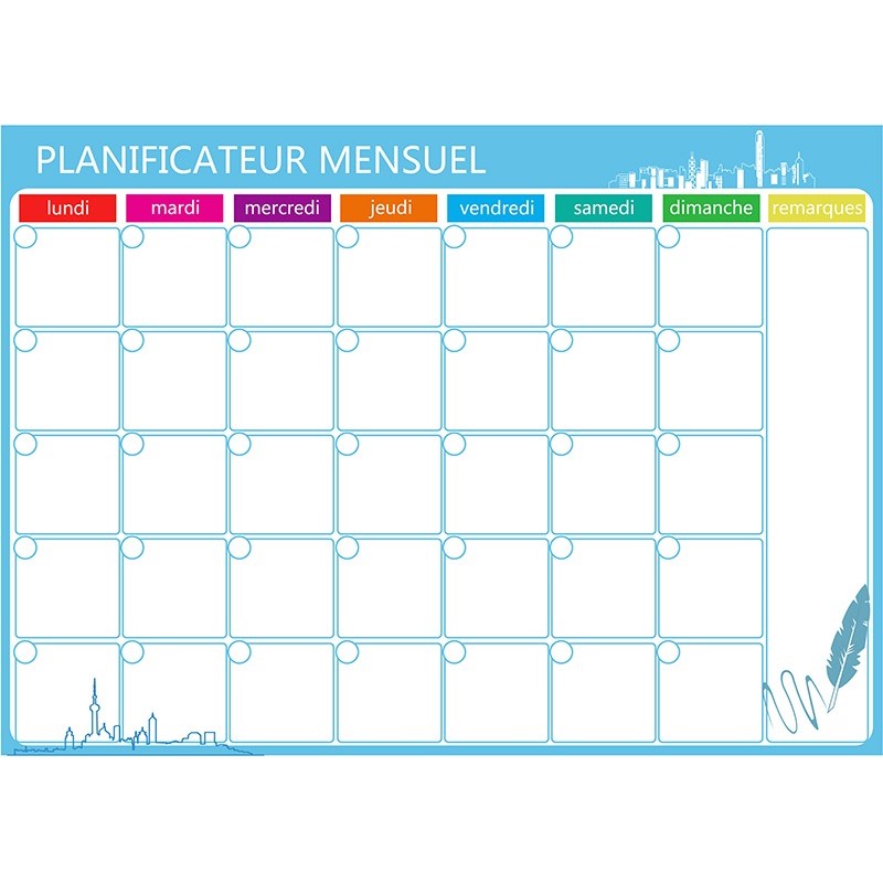 Grille du planificateur mensuel magnétique avec colonnes par jour et zone de notes