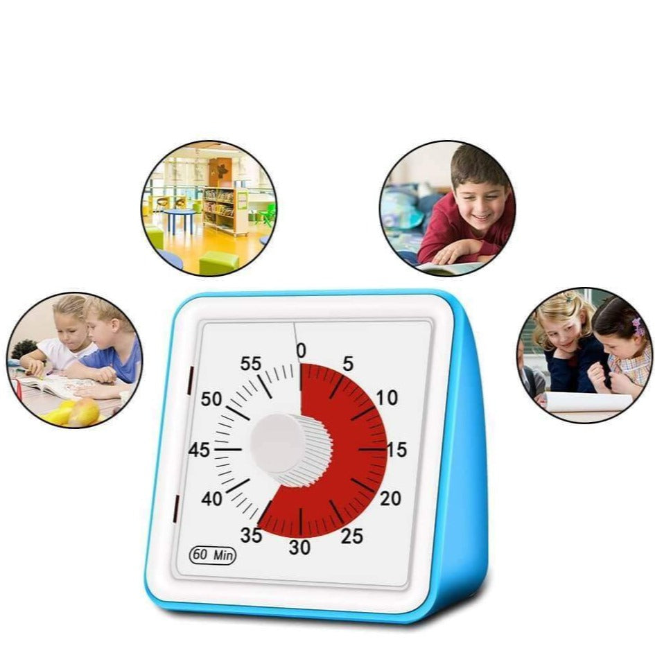 Timer visuel posé sur un bureau pendant les devoirs, disque de couleur montrant le temps restant